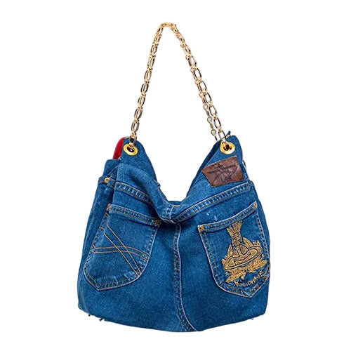 Blue denim handbag with gold chain strap on a white background