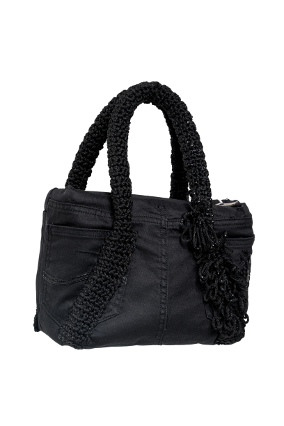 Black handbag with textured handle on a white background